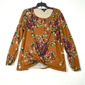 AGB Floral Top Women's L Rust Multicolor Long Ruched Sleeve Twist Front Pullover